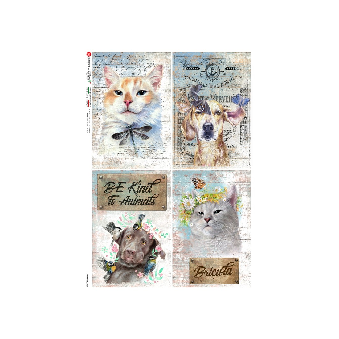 carta di riso per decoupage 32x45 quadretti con cani e gatti